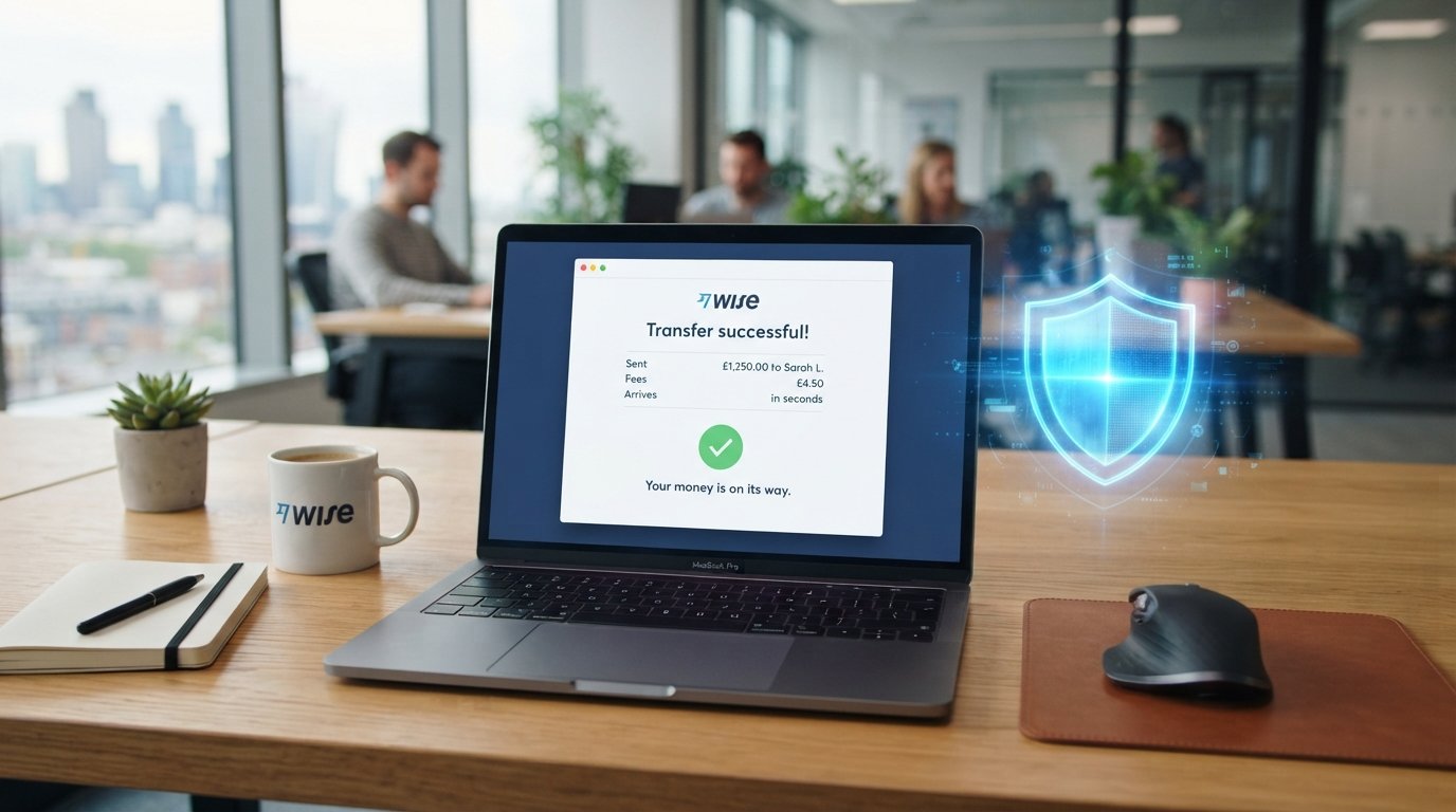 A premium laptop displaying a secure and successful Buy TransferWise account transaction on a modern wooden desk