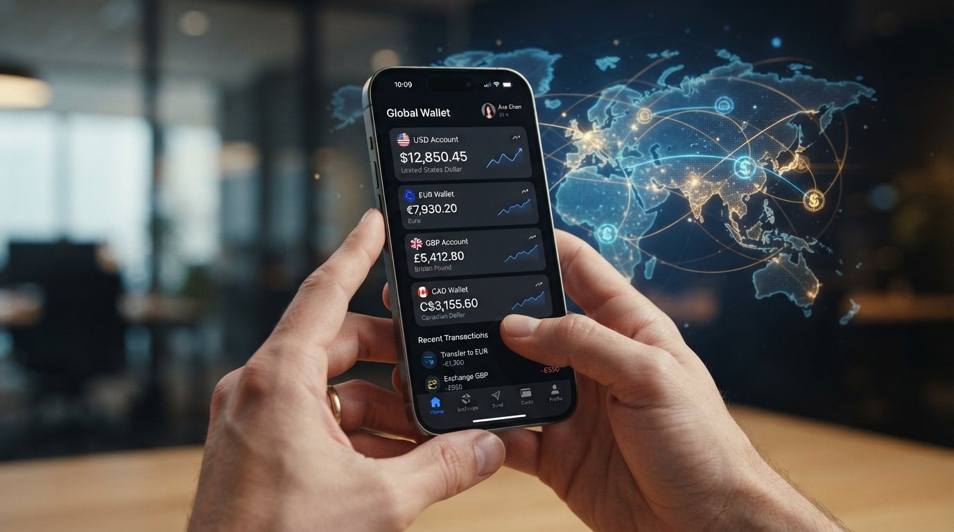 A smartphone displaying a multi-currency Wise wallet with USD EUR GBP balances