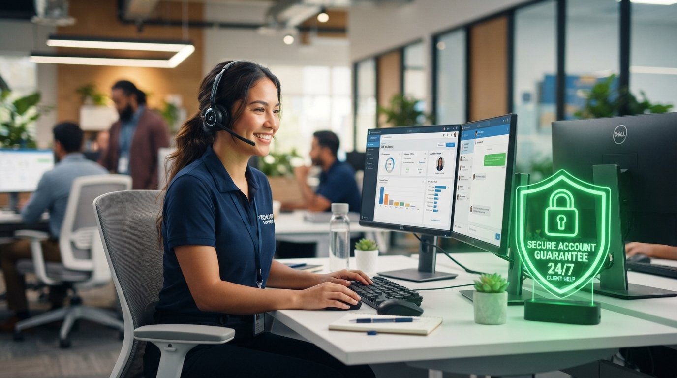 A smiling customer support agent with a glowing secure padlock icon representing premium account support buy verified transferwise account