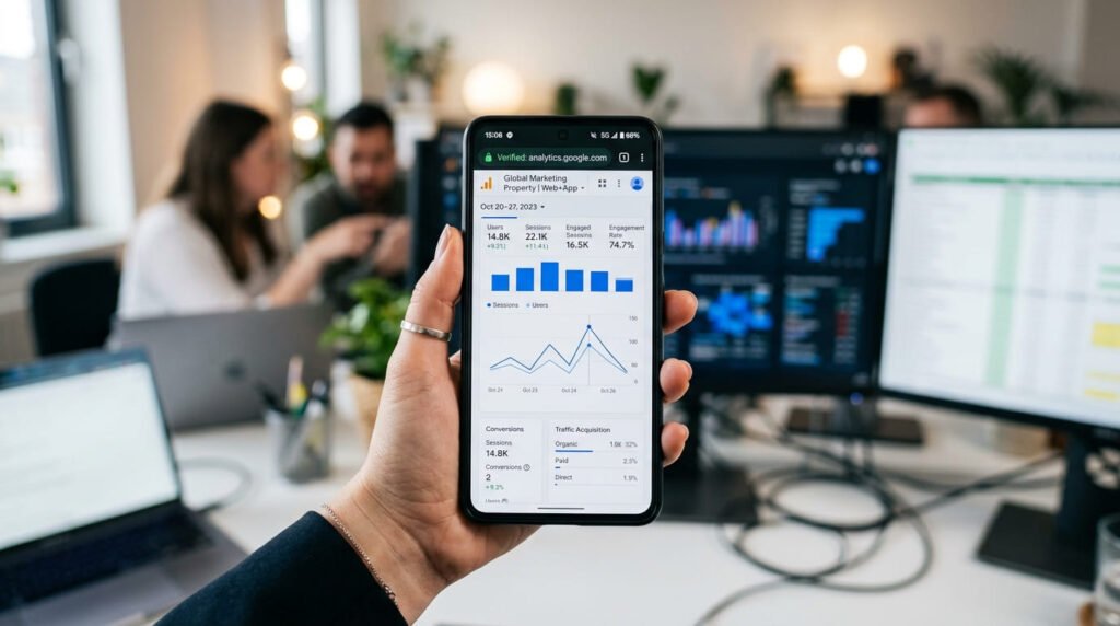 A smartphone screen displaying active business analytics and secure organic growth campaigns