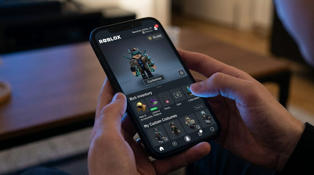 Smartphone screen displaying an active verified profile with rare inventory items buy roblox accounts