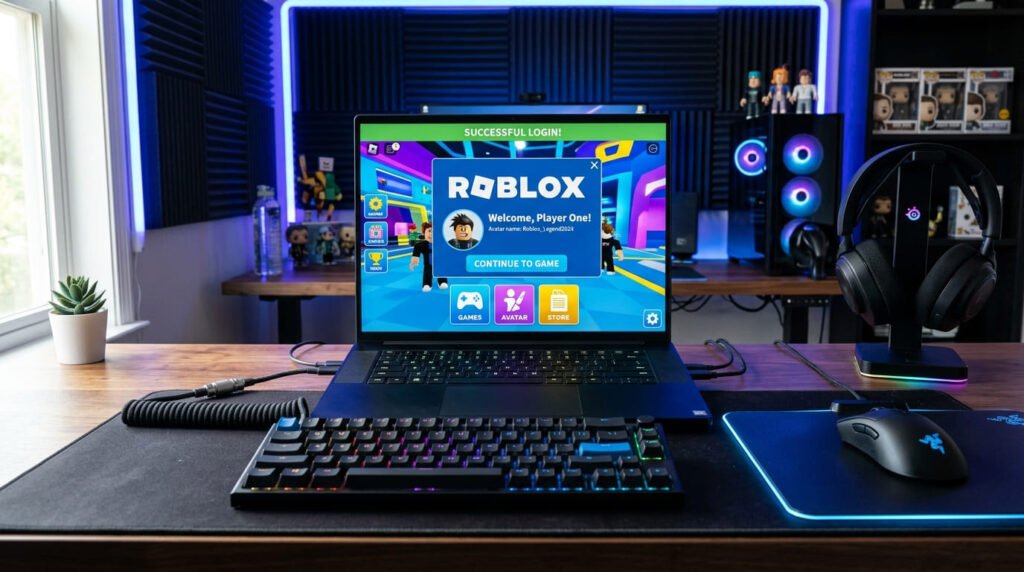 An open laptop displaying a secure, active premium gaming buy roblox accounts dashboard on a gaming desk