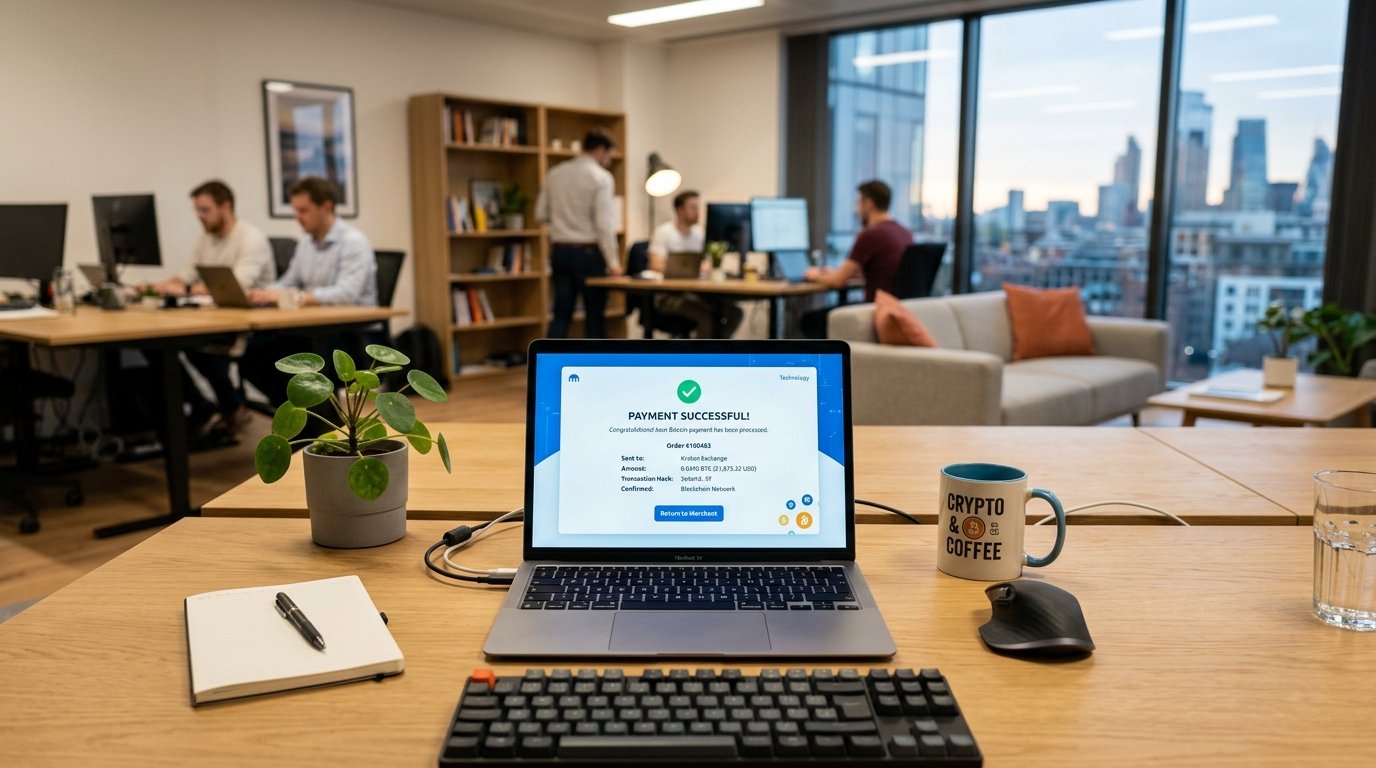 A premium laptop displaying a secure and successful cryptocurrency merchant checkout setup on a modern office desk Buy verified bitpay accounts