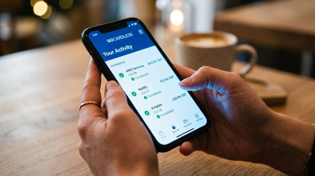 Smartphone screen displaying an active direct debit bank authorization interface buy verified gocardless accounts