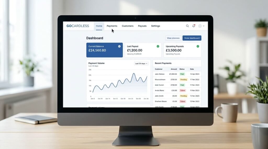An open laptop displaying a secure, active buy verified GoCardless accounts merchant account dashboard on an office desk