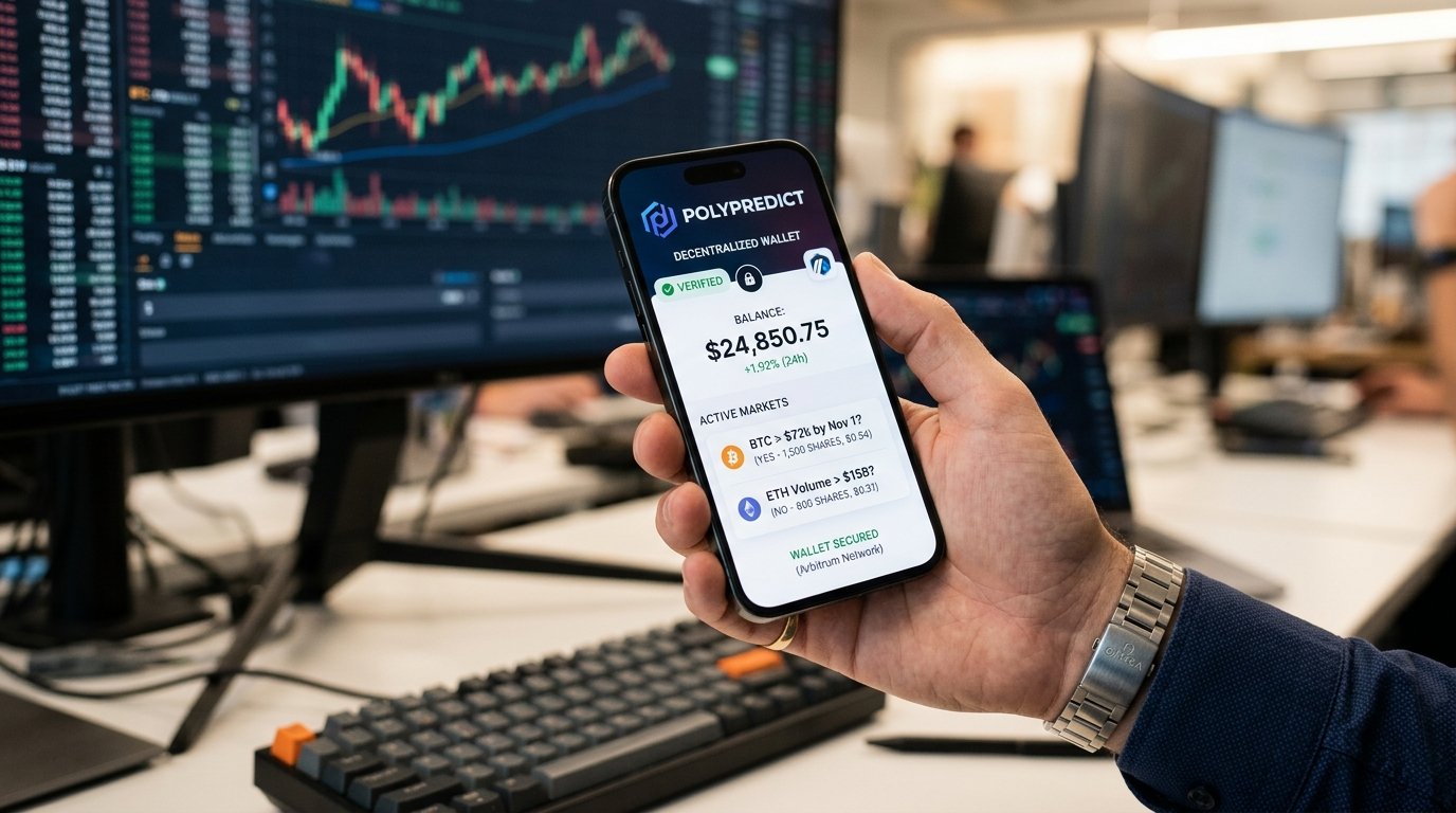 A smartphone screen displaying an active decentralized Web3 wallet linked to Polymarket prediction pools