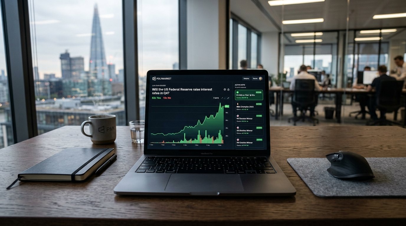 A premium laptop displaying a secure, active Polymarket prediction trading dashboard on an office desk buy verified polymarket accounts