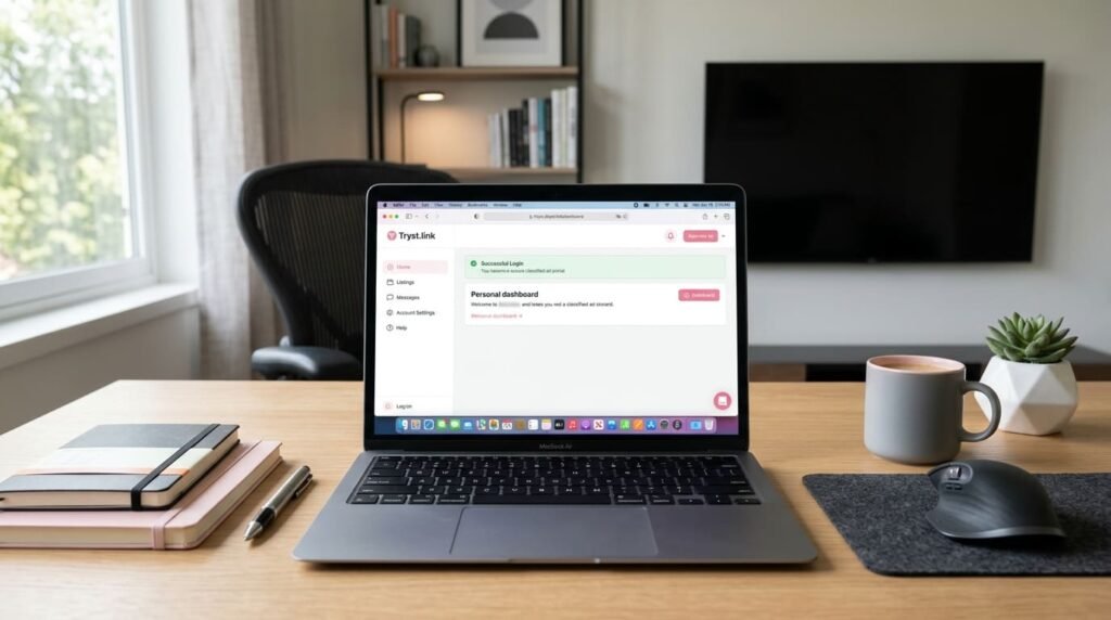 An open laptop displaying a secure, active buy verified Tryst.link account dashboard on an office desk