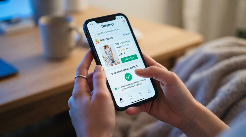 Smartphone screen displaying an active e-commerce store with optimized checkout pages ecommerce seo services
