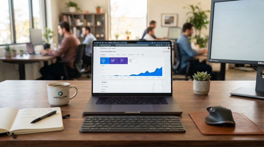 An open laptop displaying successful Google Search Console organic traffic growth on a clean desk ecommerce seo services