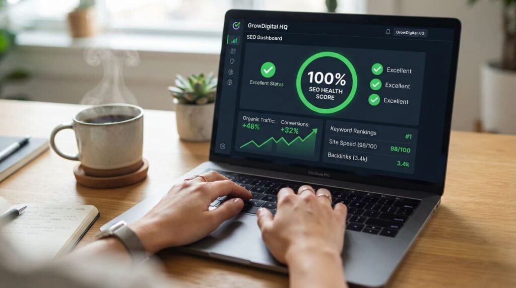 Laptop screen showing successful organic traffic growth after a decision to buy seo services