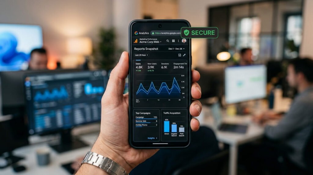A smartphone screen displaying active business analytics and secure organic growth campaigns seo content writing services