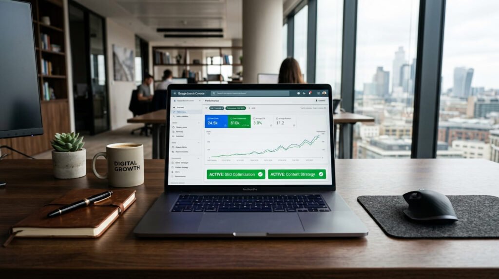 A premium laptop displaying a secure, active search engine optimization dashboard on an office desk seo content writing services