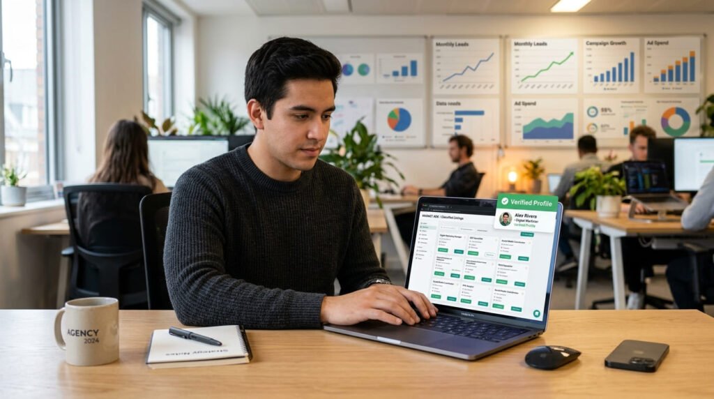 A digital marketing setup showing how to scale campaigns after you buy verified MegaPersonals accounts.