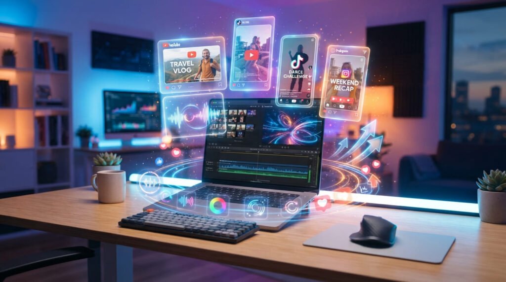 Modern laptop workspace displaying various content formats optimized through professional video editing services.