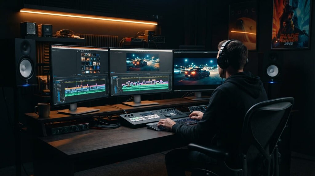 Professional workstation with multiple monitors showcasing high-quality video editing services for cinematic projects.