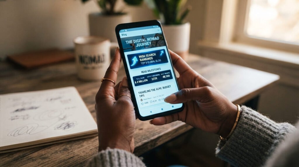 wordpress seo services Smartphone screen displaying an active blog with optimized category pages