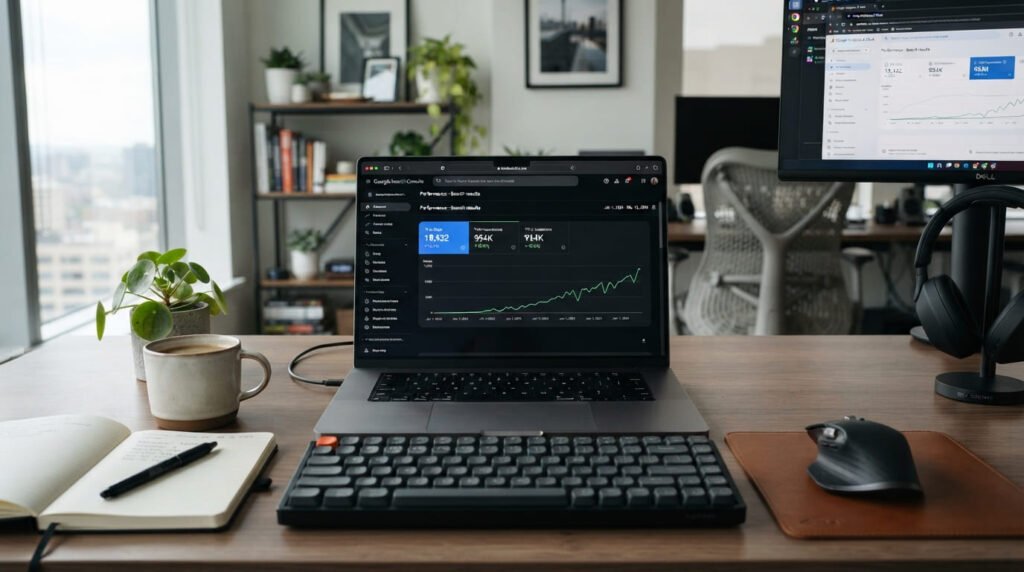 An open laptop displaying wordpress seo services successful Google Search Console organic traffic growth on a clean desk