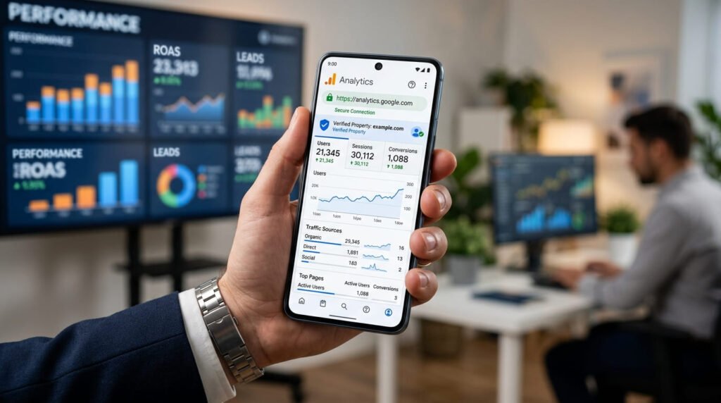 A smartphone screen displaying active business analytics and secure organic growth campaigns blog writing services