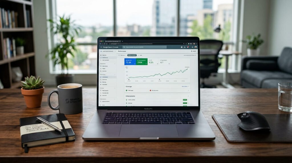 A premium laptop displaying a secure, active search engine optimization dashboard on an office desk blog writing services
