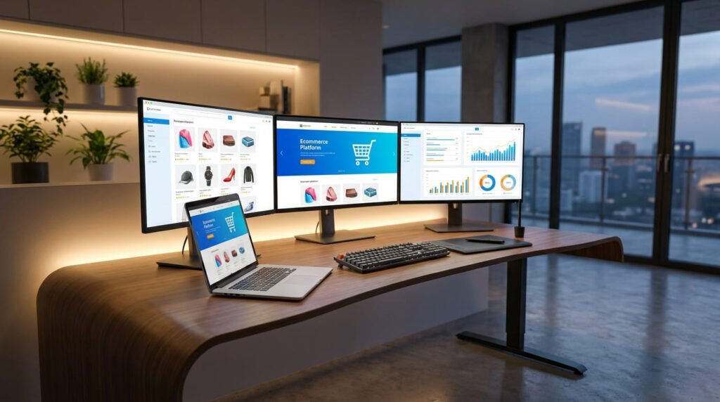 A professional workstation showcasing premium ecommerce website design services with high-converting layouts.